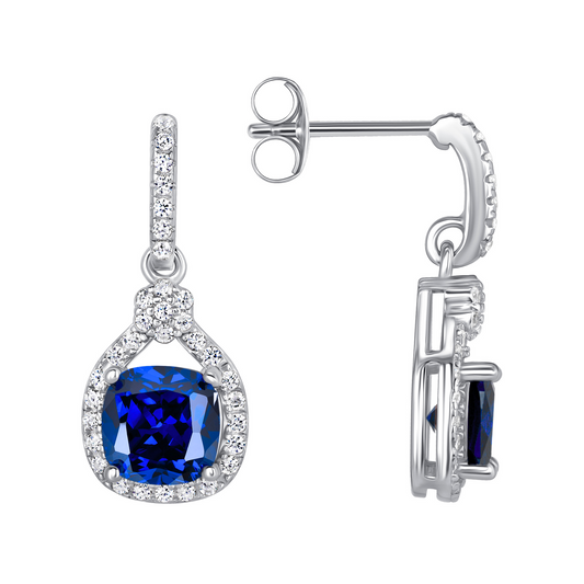 Silver 925 Rhodium Plated Blue Sapphire Cubic Zirconia Square Shape Set. SETDGP1857BLU