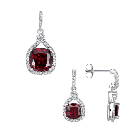 Silver 925 Rhodium Plated Red Garnet Cubic Zirconia Square Shape Set. SETDGP1857RED