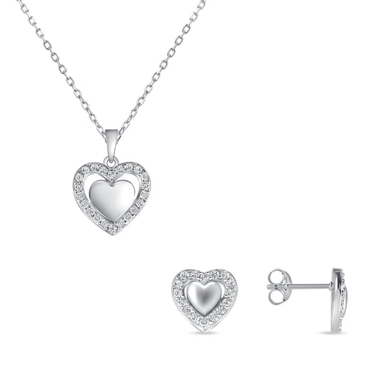 Silver 925 Rhodium Plated Double Heart Cubic Zirconia Set. SETDGP1880RHD