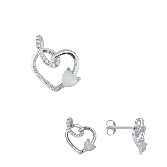 Silver 925 Rhodium Plated White Opal Cubic Zirconia Two Hearts Shape Set. SETDGP1885