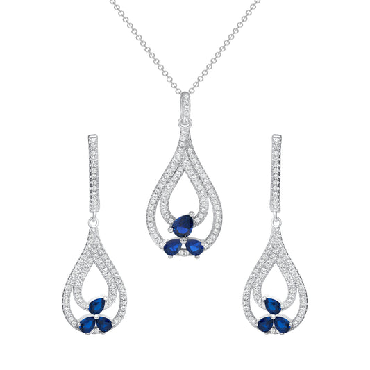 Silver 925 Rhodium Plated 2 Tear Shape Blue Sapphire Cubic Zirconia Set. SETKS0187