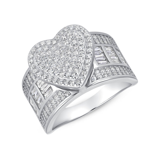 Silver 925 Rhodium Plated Clear Cubic Zirconia Heart Ring. SQR00103