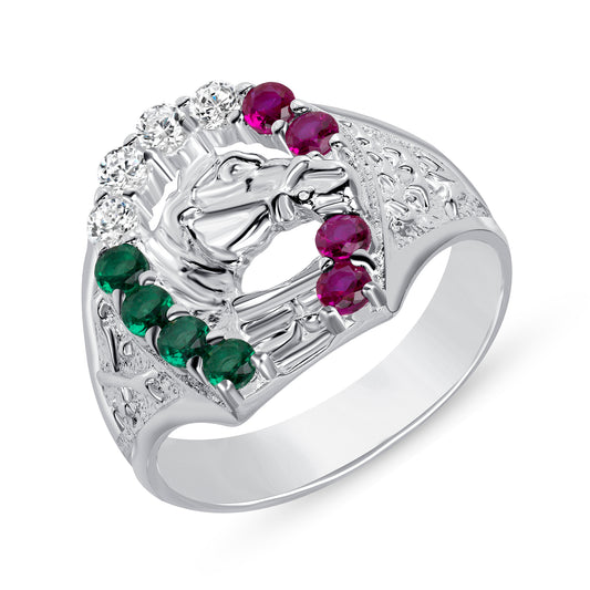 Silver 925 Rhodium Plated Green Emerald & Purple Amethyst Cubic Zirconia Horse Men's Ring. SQR00124