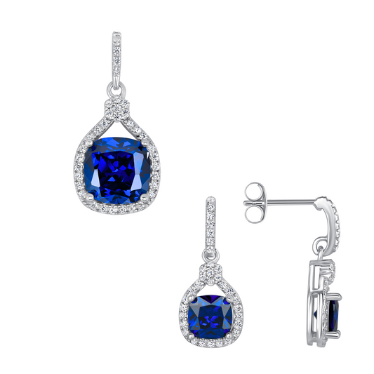 Silver 925 Rhodium Plated Blue Sapphire Cubic Zirconia Square Shape Set. SETDGP1857BLU