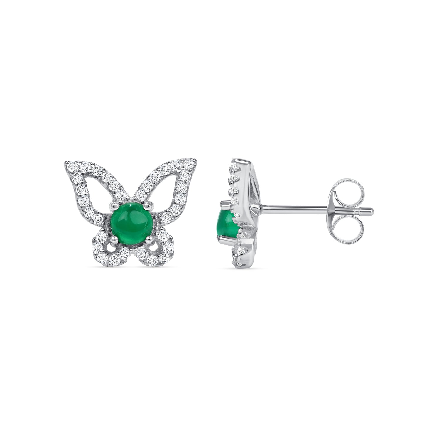 Silver 925 Rhodium Plated Green Agate Clear Cubic Zirconia Butterfly Earring. BE11619
