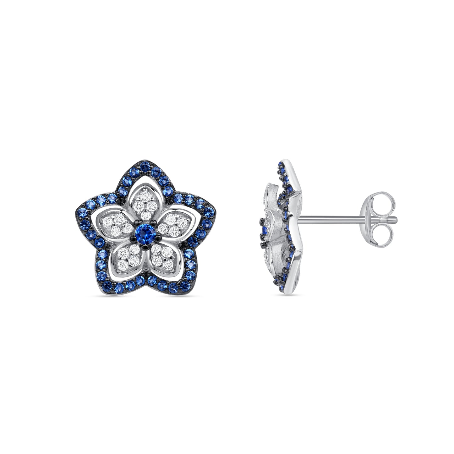 Silver 925 Rhodium Plated Star Flower Blue Cubic Zirconia Earring. BE11709BLU