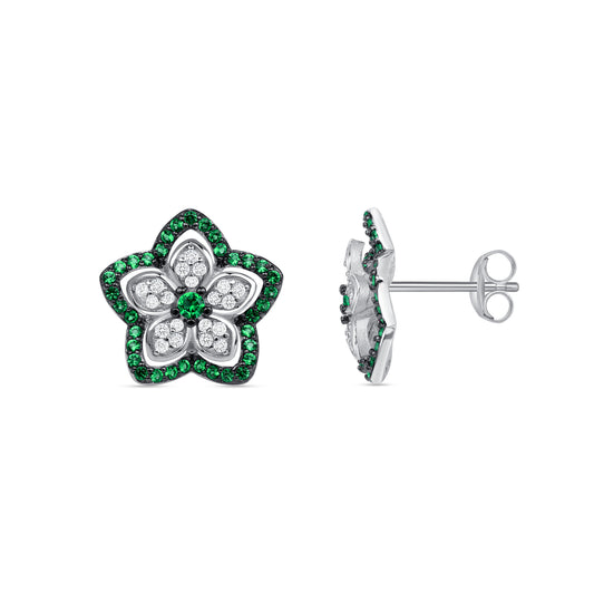 Silver 925 Rhodium Plated Star Flower Green Cubic Zirconia Earring. BE11709GRN