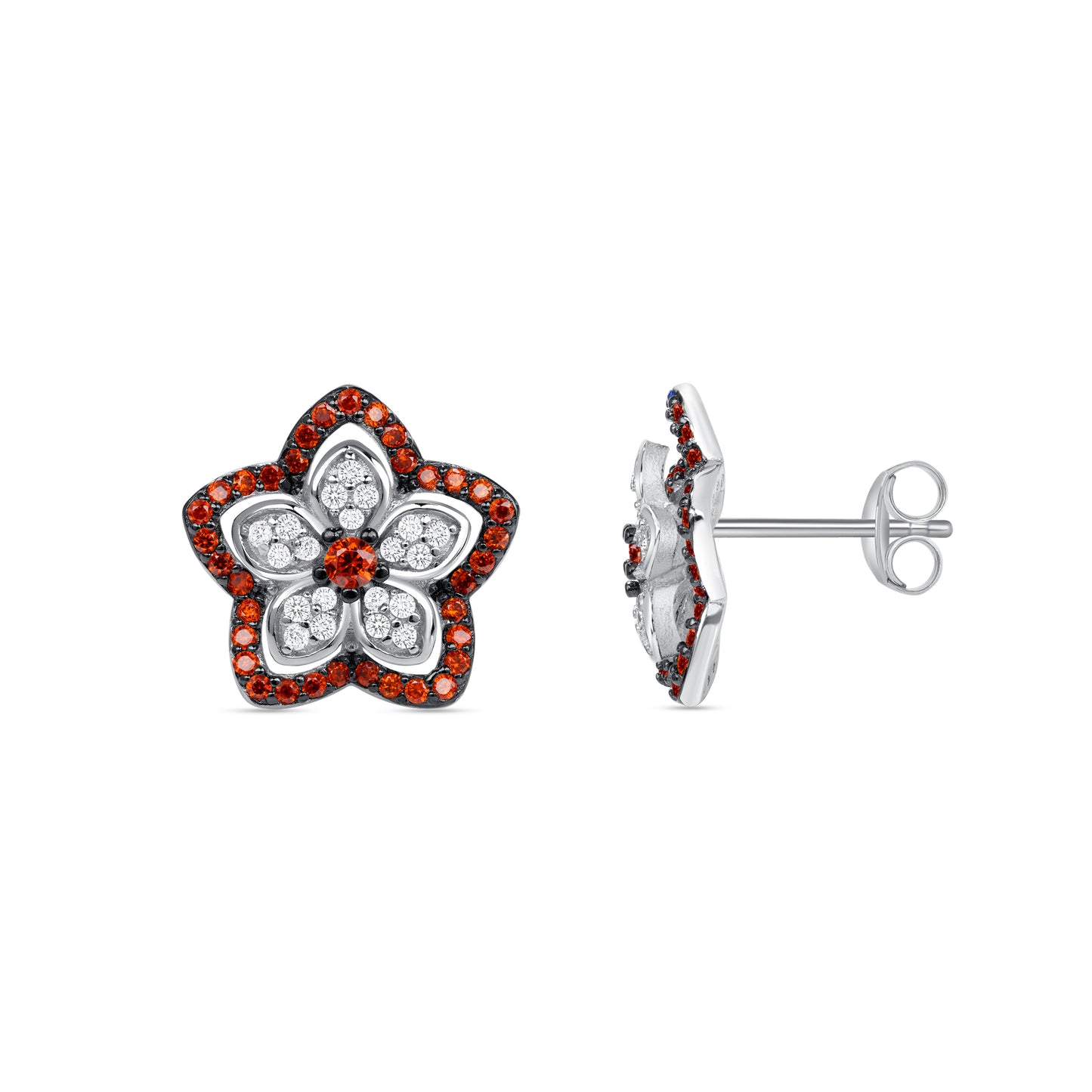 Silver 925 Rhodium Plated Star Flower Red Cubic Zirconia Earring. BE11709RED