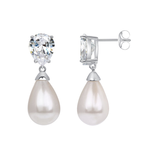 Silver 925 Rhodium Plated Clear Cubic Zirconia Pearl Earring. BE11881CLR