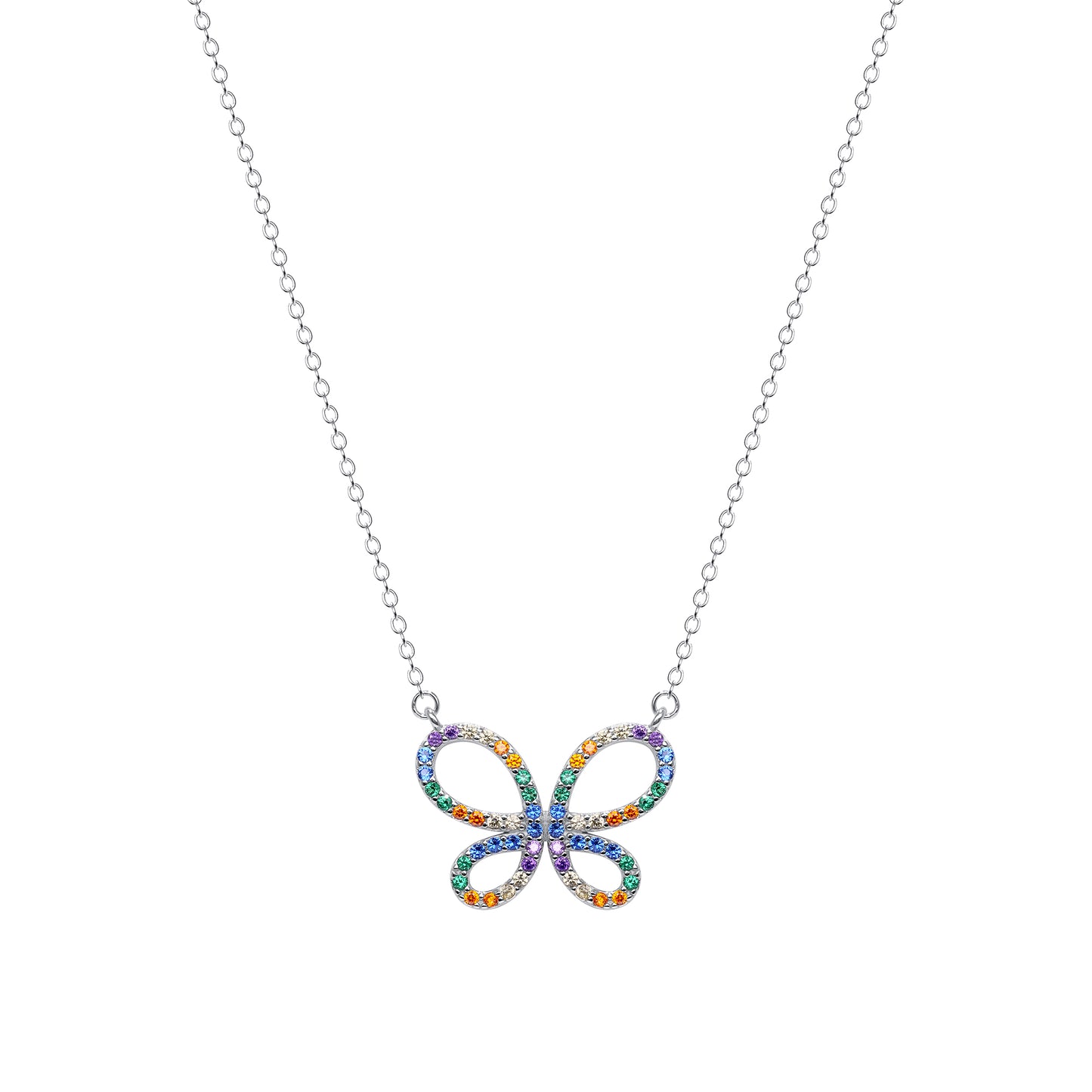 Silver 925 Rhodium Plated Multicolor Cubic Zirconia Butterfly Necklace. BN3078