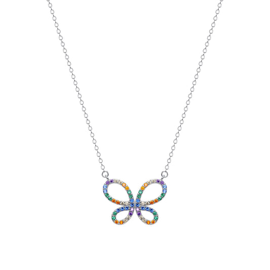 Silver 925 Rhodium Plated Multicolor Cubic Zirconia Butterfly Necklace. BN3078