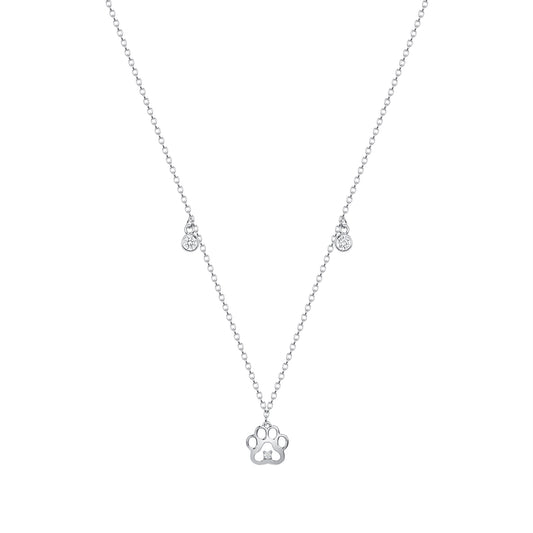 Silver 925  Rhodium Plated Cubic Zirconia Paw Print Necklace. BN4074