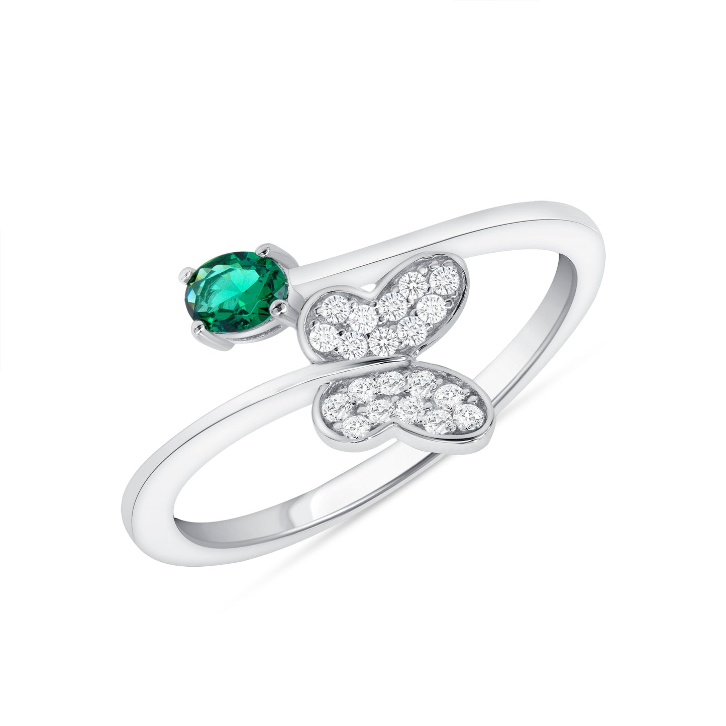 Silver 925 Rhodium Plated Green Emerald Cubic Zirconia Round & Butterfly Ring. BR15270GRN