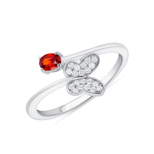 Silver 925 Rhodium Plated Red Garnet Cubic Zirconia Round & Butterfly Ring. BR15270RED