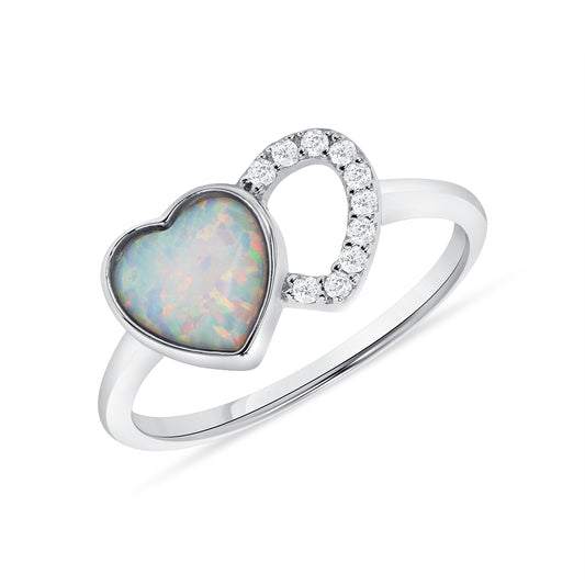 Silver 925 Rhodium Plated White Opal Clear Cubic Zirconia Heart Ring. BR15310