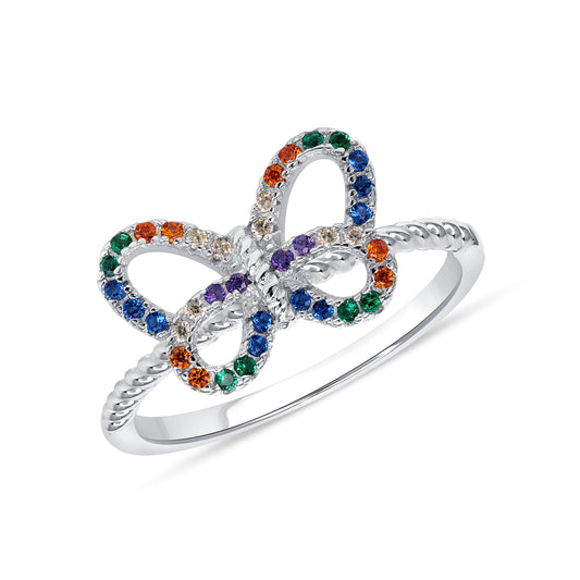 Silver 925 Rhodium Plated Multicolor Cubic Zirconia Butterfly Ring. BR15373