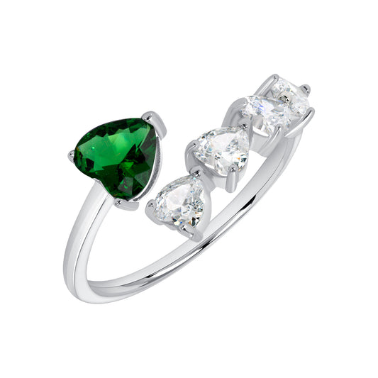 Silver 925 Rhodium Plated Multiple Clear Cubic Zirconia & Green Emerald Cubic Zirconia Heart Ring. BR15411GRN