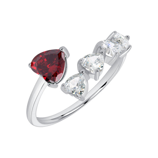 Silver 925 Rhodium Plated Multiple Clear Cubic Zirconia & Red Garnet Cubic Zirconia Heart Ring. BR15411RED
