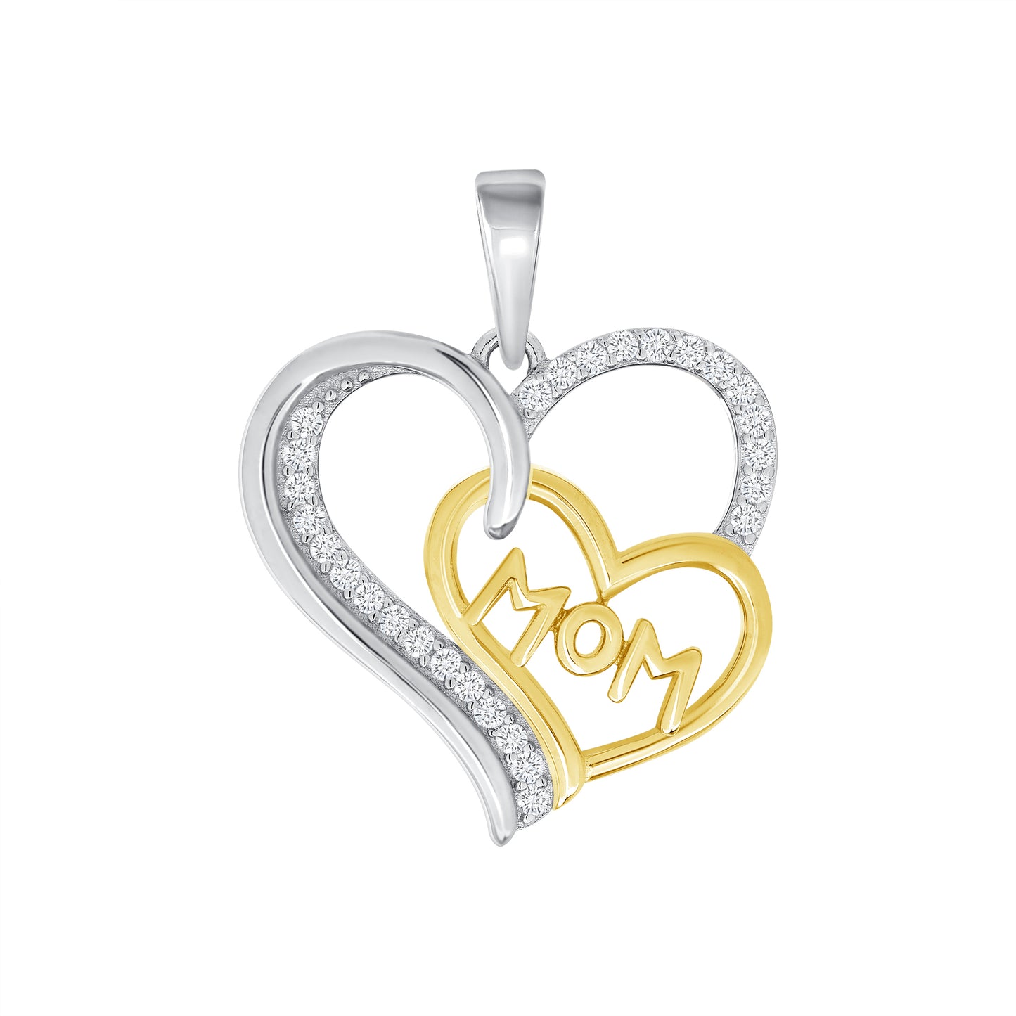 Silver 925 Two Tone Gold Plated 2 Hearts Cubic Zirconia Mom Pendant. DGP1837GP