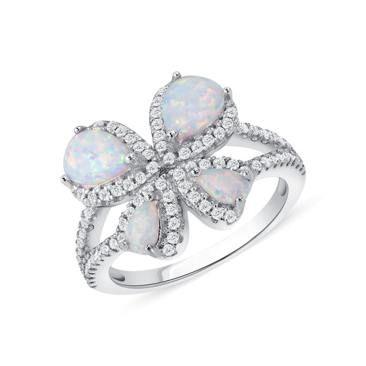 Silver 925 Rhodium Plated White Opal Clear Cubic Zirconia Butterfly Ring. DGR2175