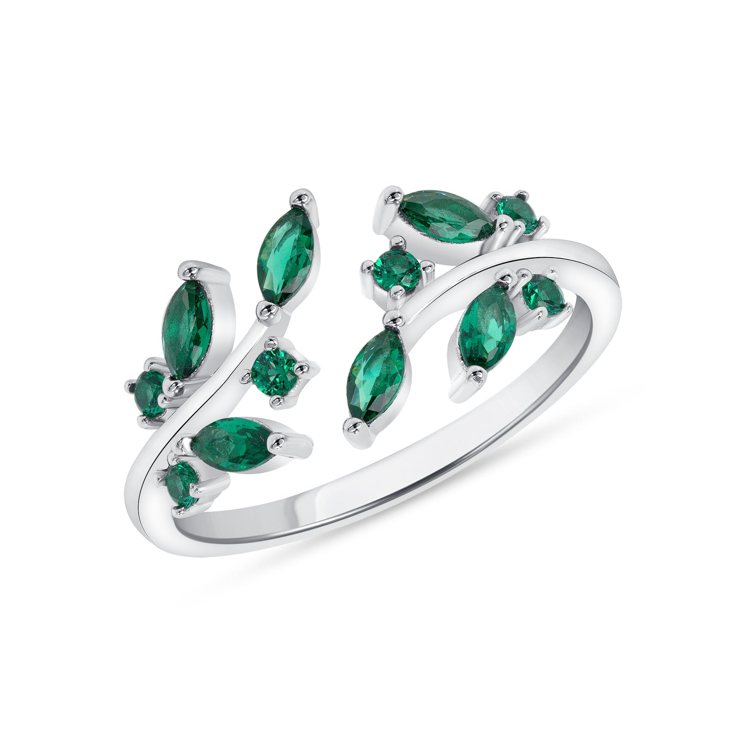 Silver 925 Rhodium Plated Green Emerald Cubic Zirconia Leaves Ring. DGR2372