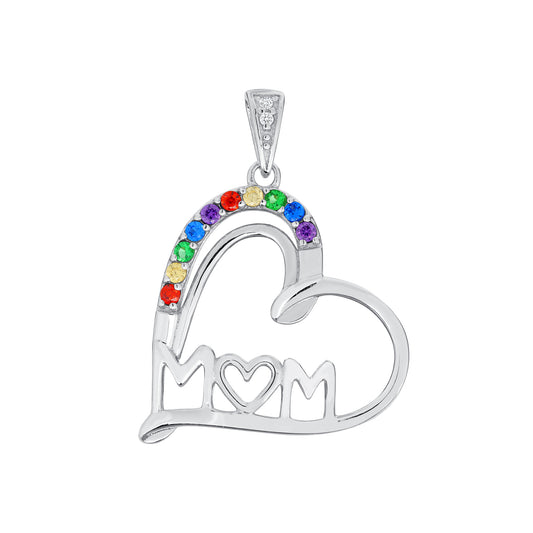 Silver 925 Rhodium Plated Multicolor Cubic Zirconia Heart Mom Pendant. DTP2676