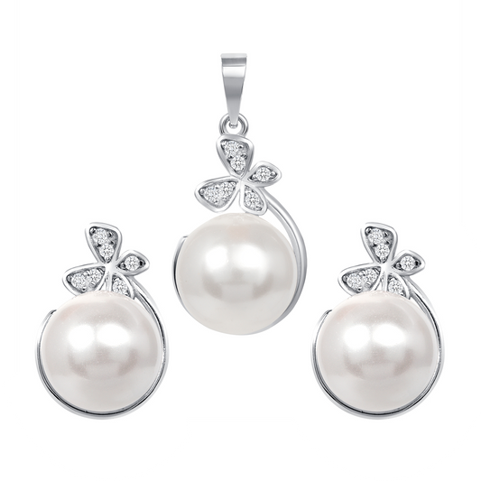 Silver 925 Pearl Butterfly Clear Cubic Zirconia Set. SETBP15367