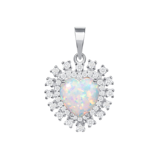Silver 925 Rhodium Plated Cubic Zirconia White Opal Heart Set. SETBP15372WHT