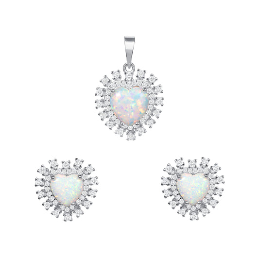 Silver 925 Rhodium Plated Cubic Zirconia White Opal Heart Set. SETBP15372WHT