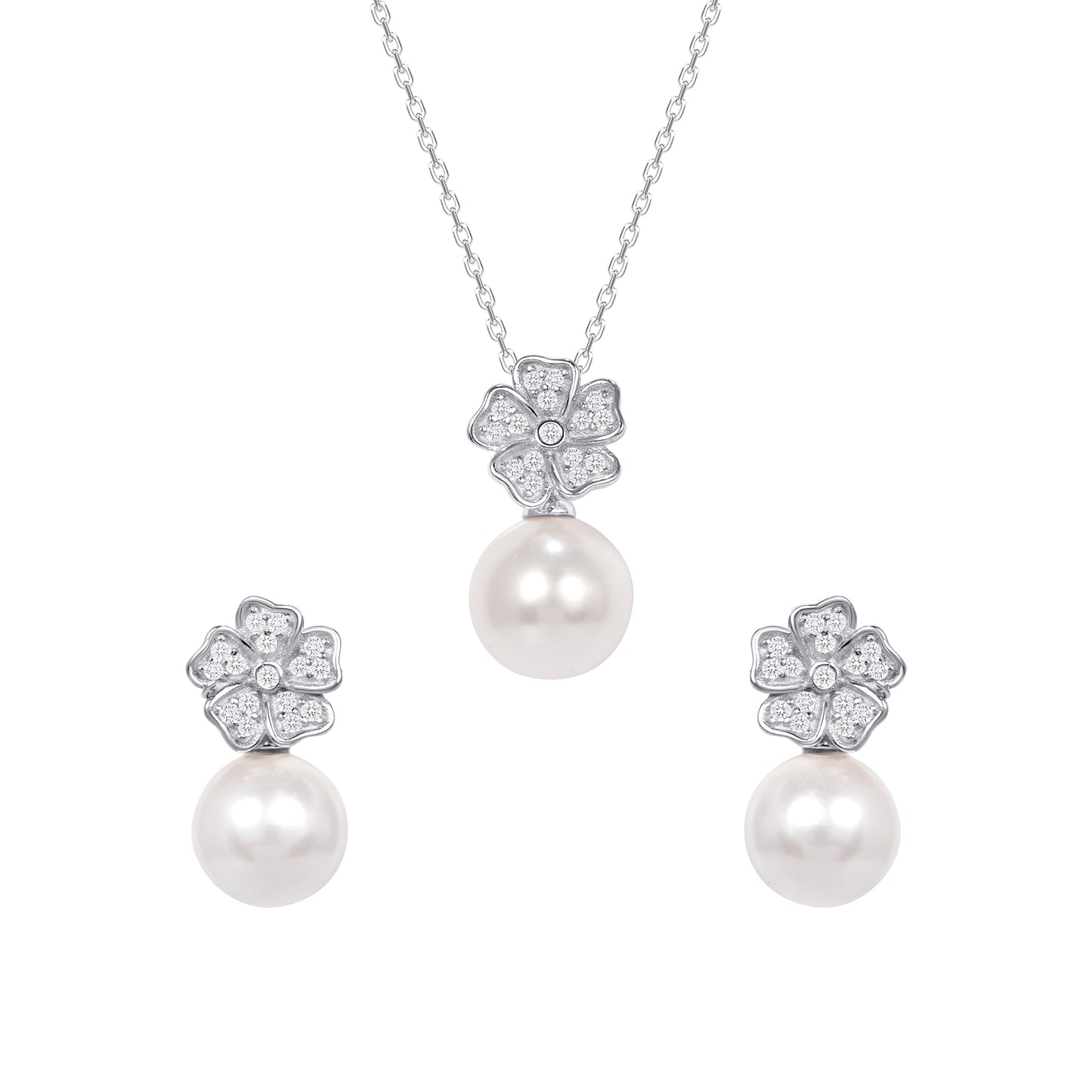 Silver 925 Rhodium Plated Clear Pearl Cubic Zirconia Flower Set. SETDGN1259