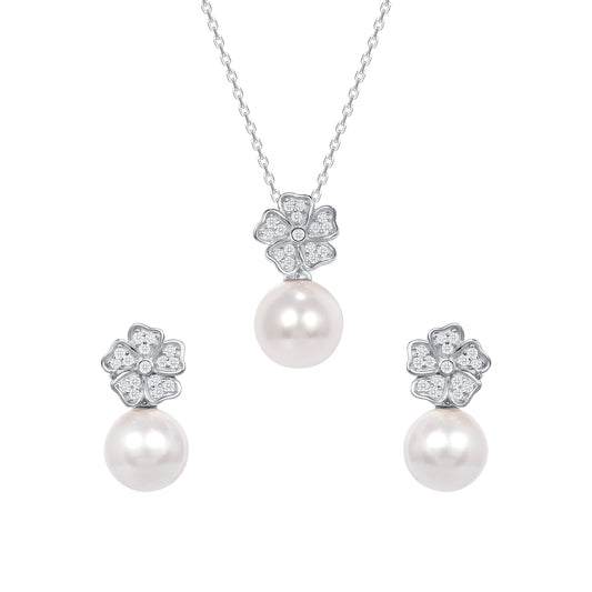 Silver 925 Rhodium Plated Clear Pearl Cubic Zirconia Flower Set. SETDGN1259