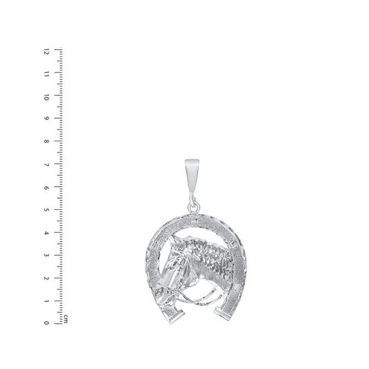 Silver 925 Horseshoe with Horse Head Diamond Cut Pendant. HORSE01