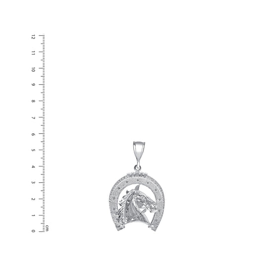 Silver 925 Horseshoe with Horse Head Diamond Cut Pendant. HORSE03