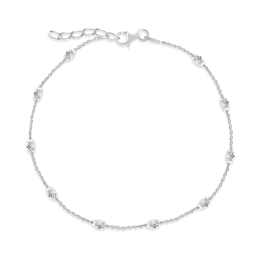 ANKEXT03. Silver 925 Rhodium Plated Moon Cut Bead Anklet