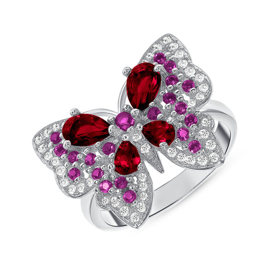 Silver 925 Rhodium Plated Fancy Butterfly Red Cubic Zirconia Ring. ATR10