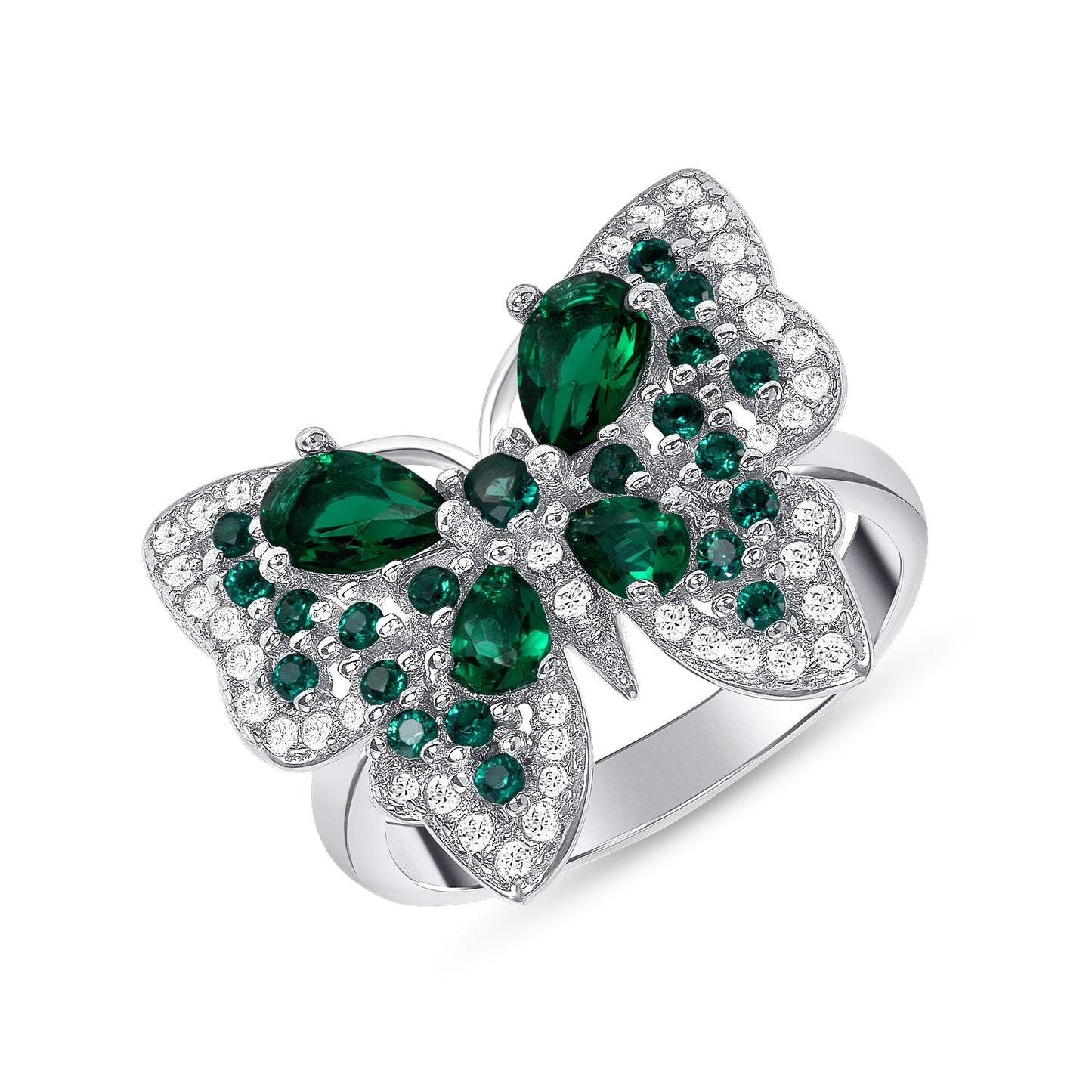 Silver 925 Rhodium Plated Fancy Butterfly Green Cubic Zirconia Ring. ATR11