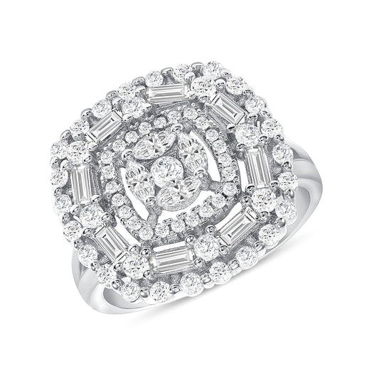 Silver 925 Rhodium Plated Fancy Square Cubic Zirconia Ring. ATR12