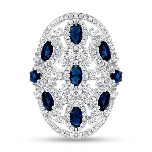 Silver 925 Rhodium Plated Fancy Multi Strand Blue Cubic Zirconia Band. ATR16