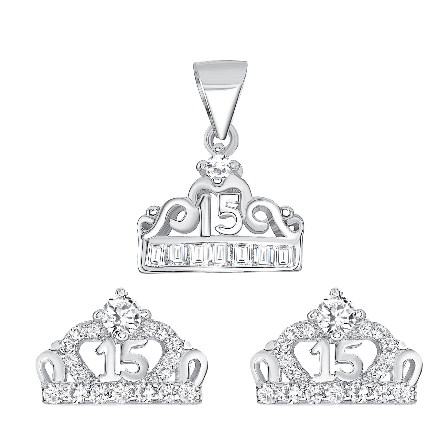 Silver 925 Rhodium Plated Crown 15 Years Cubic Zirconia Set. B12668