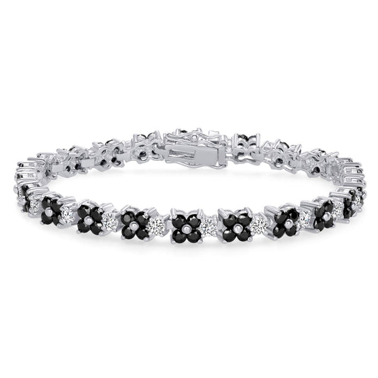BB2664B. Silver 925 Rhodium Plated Black Onyx Cubic Zirconia Flower Bracelet