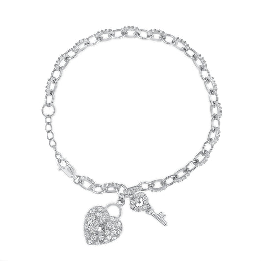 BB4737. Silver 925 Rhodium Plated Heart & Key Charm Bracelet