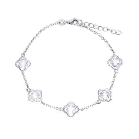Silver 925 Rhodium Plated 6 mm. Round Clear Cubic Zirconia Flower Bracelet. BB4794CLR