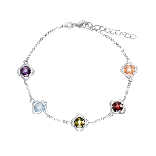 Silver 925 Rhodium Plated 6 mm. Round Multicolor Cubic Zirconia Flower. BB4794MUL