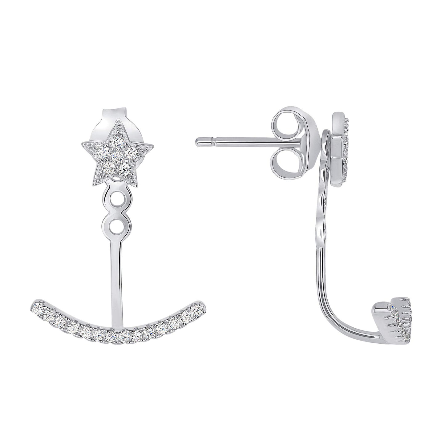 Silver 925 Rhodium Plated Double Stud Curve & Star Cubic Zirconia Earring. BE10158