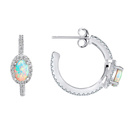 Silver 925 Rhodium Plated Half Cubic Zirconia Hoop and Opal Earrings. BE10320OPAL