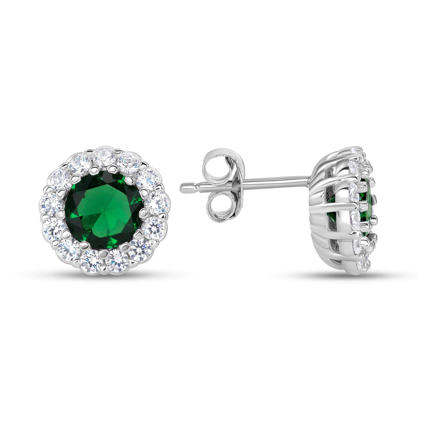 Silver 925 Rhodium Plated Green Cubic Zirconia Round Stud Earring. BE10708GRN