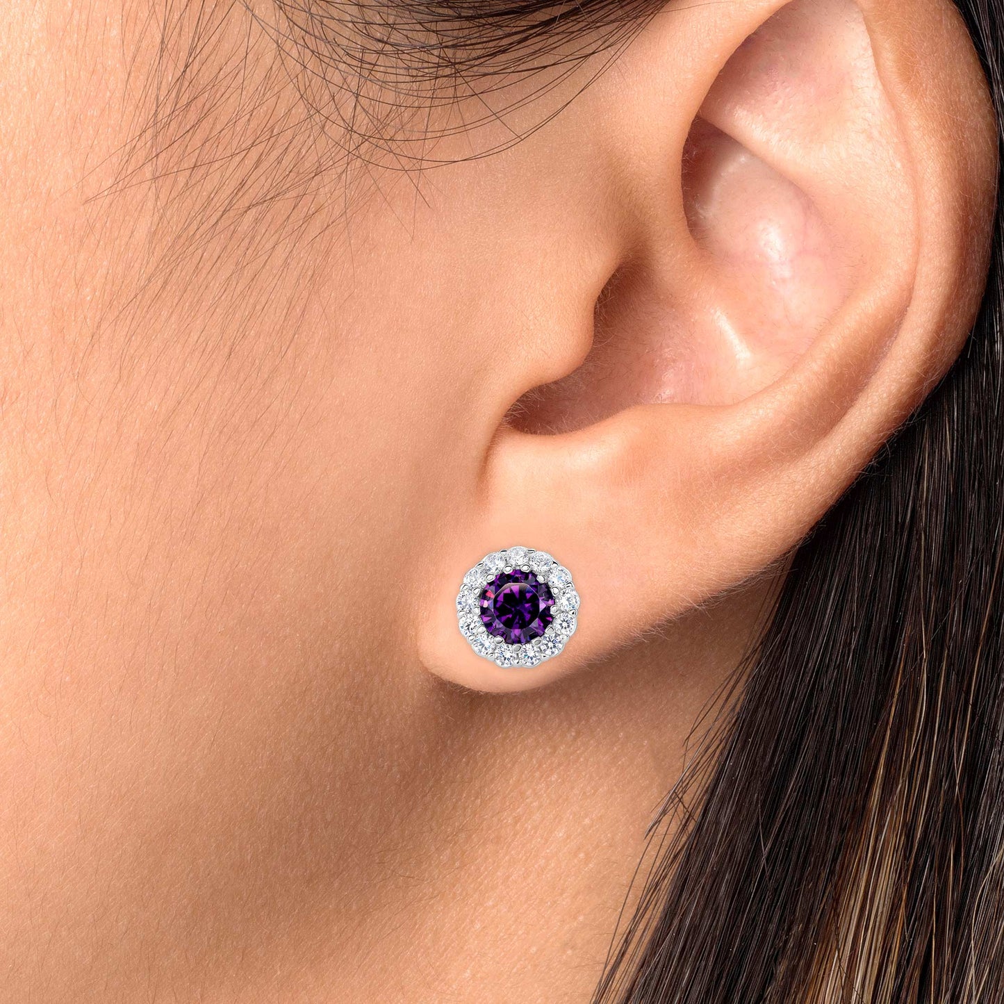 Silver 925 Rhodium Plated Purple Cubic Zirconia Round Stud Earring. BE10708PUR