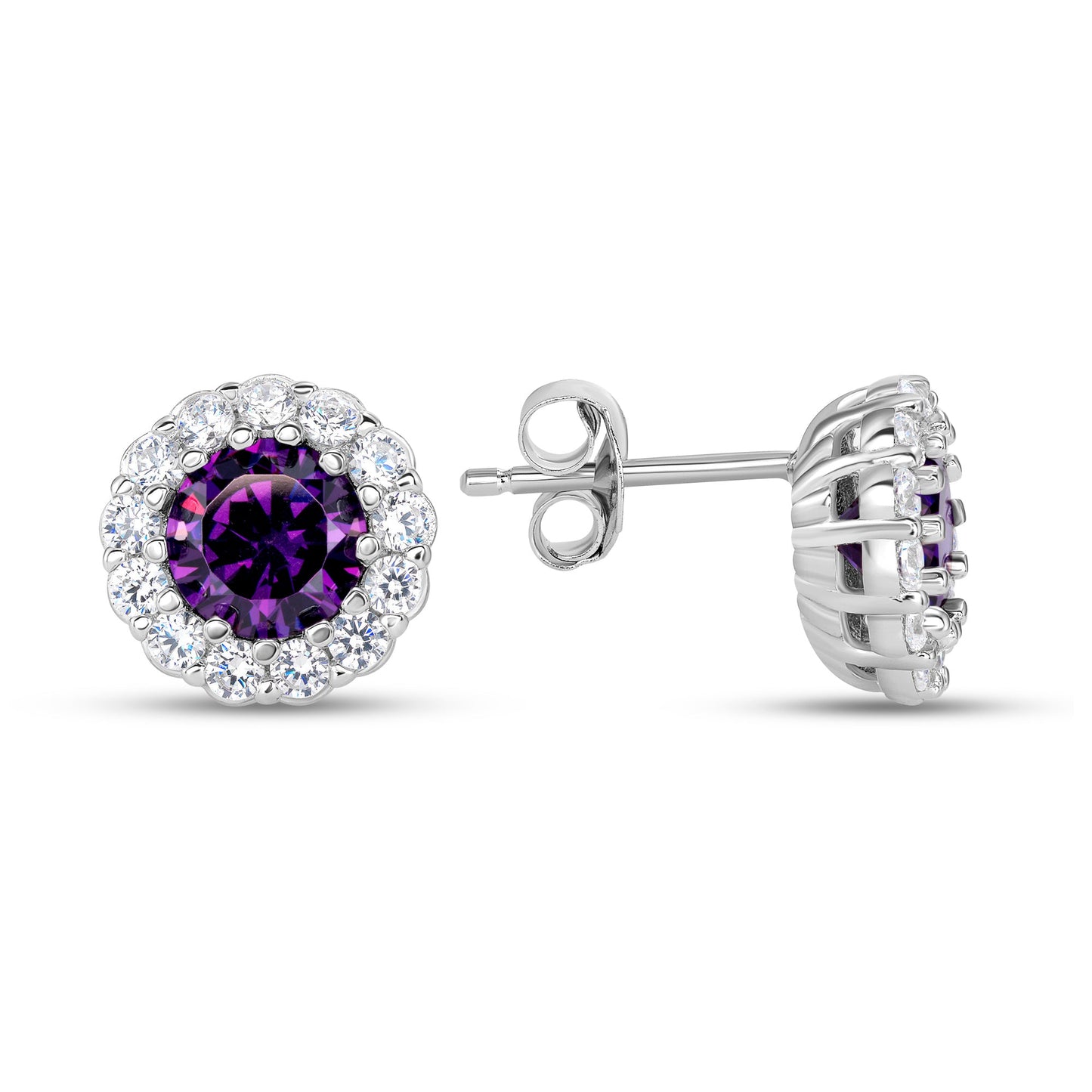 Silver 925 Rhodium Plated Purple Cubic Zirconia Round Stud Earring. BE10708PUR