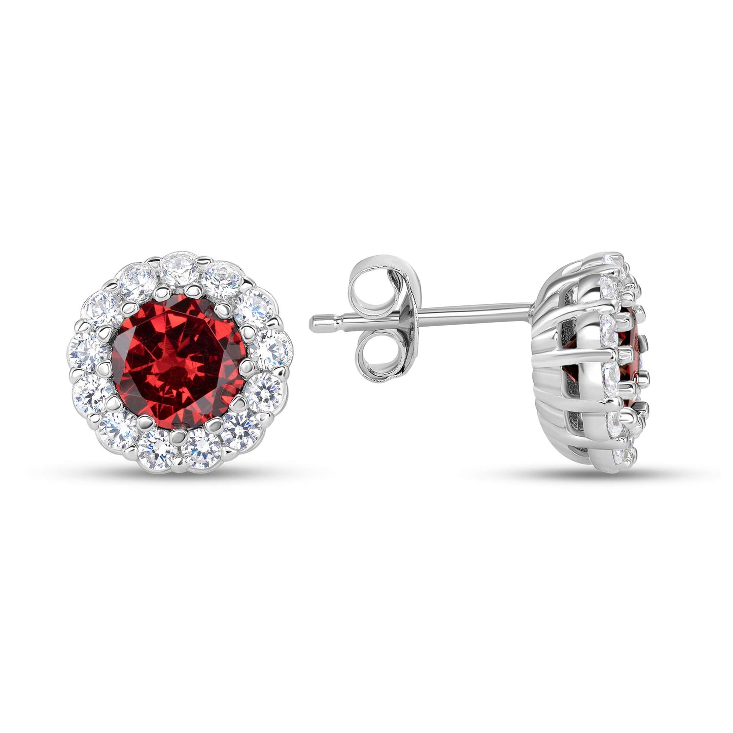 Silver 925 Rhodium Plated Red Cubic Zirconia Round Stud Earring. BE10708RED