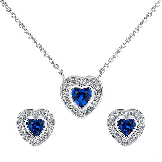 Silver 925 Rhodium Plated Blue Heart Cubic Zirconia Set. BE10709BN2361B